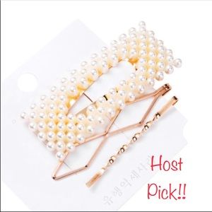 Set of Pretty White Faux Pearls Gold Hair Clips